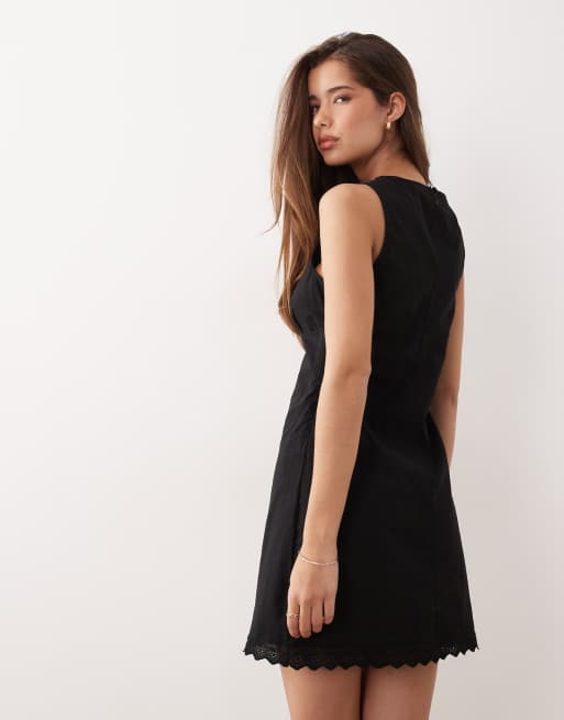 ASOS DESIGN slash neck mini sundress with sculpted bust and broderie hem in black , 4 of 4