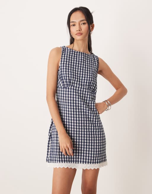 ASOS DESIGN slash neck mini sundress with sculpted bust and broderie hem in navy gingham, 2 of 4