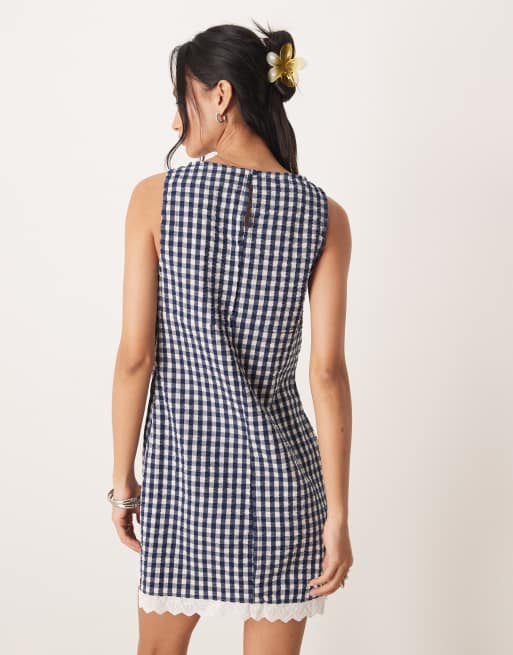 ASOS DESIGN slash neck mini sundress with sculpted bust and broderie hem in navy gingham, 4 of 4