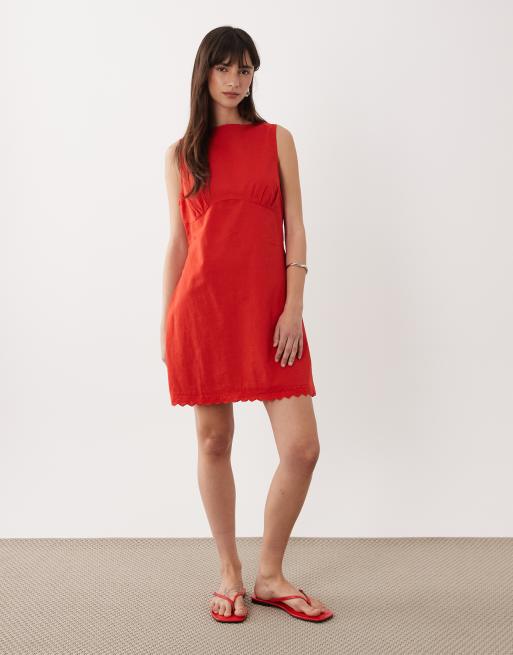 ASOS DESIGN slash neck mini sundress with sculpted bust and broderie hem in tomato red, 2 of 4