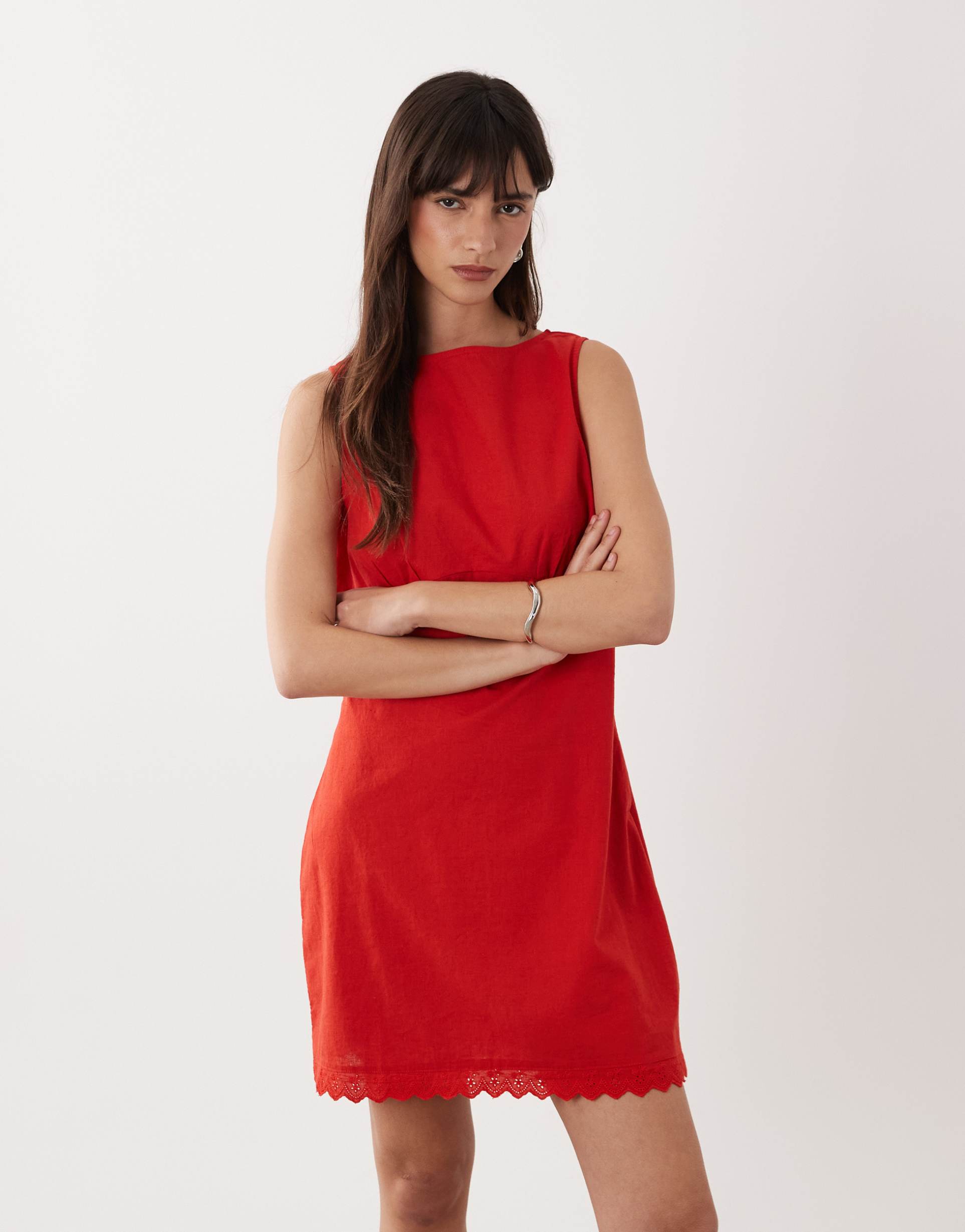 asos design slash neck mini sundress with sculpted bust and eyelet hem in tomato red