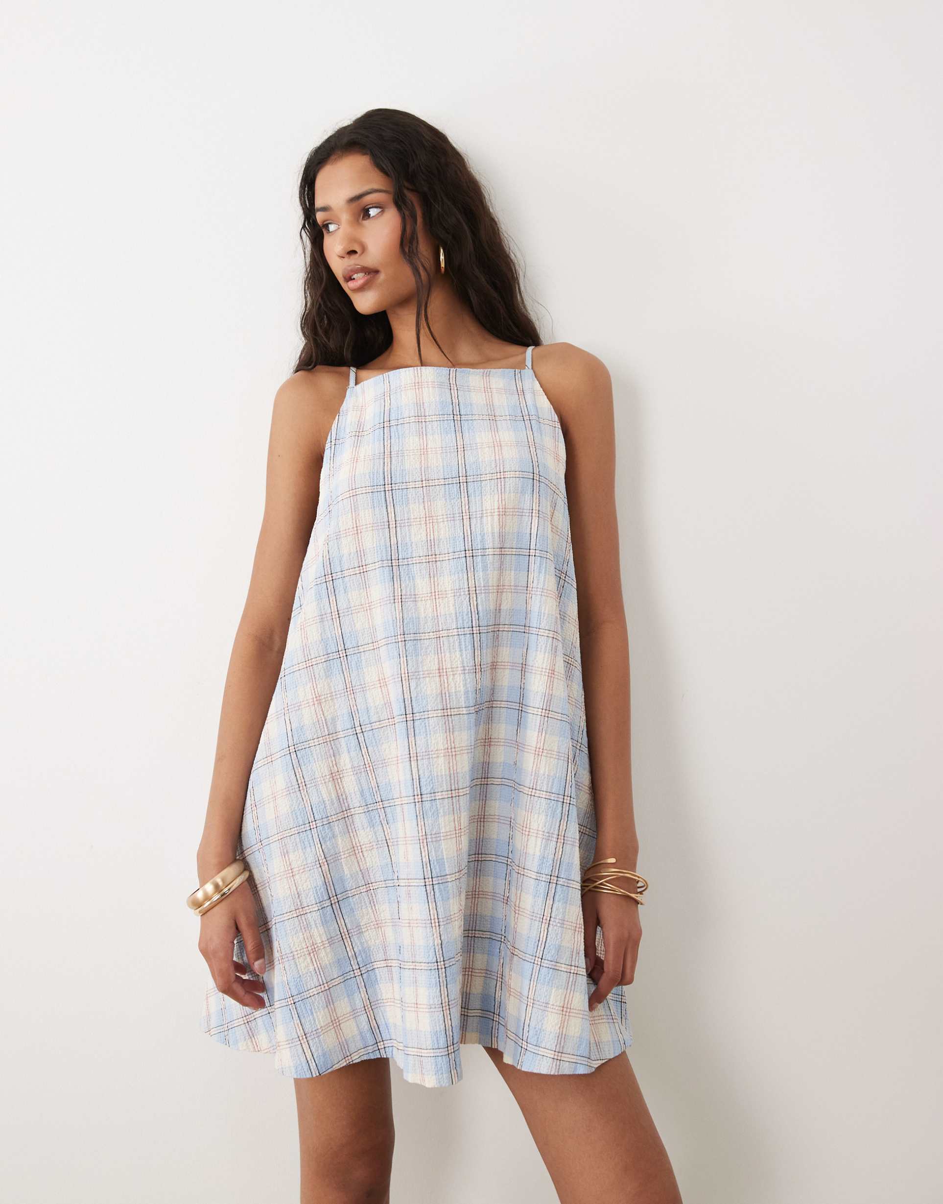 asos design slash neck mini swing dress in blue plaid
