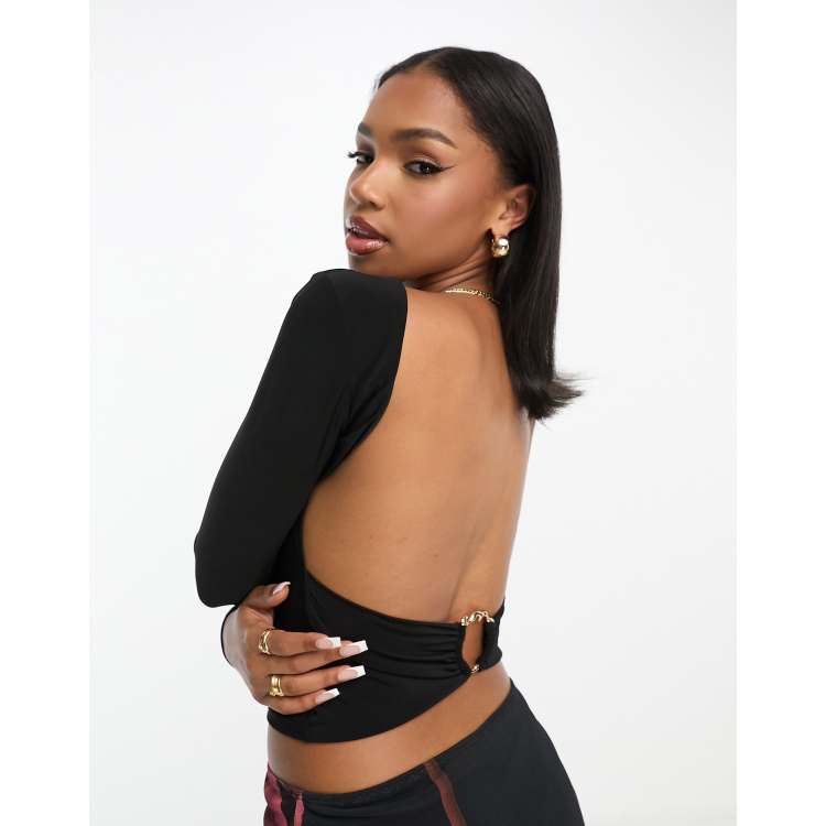 ASOS DESIGN slash neck open back long sleeve top with metal detail in black  | ASOS