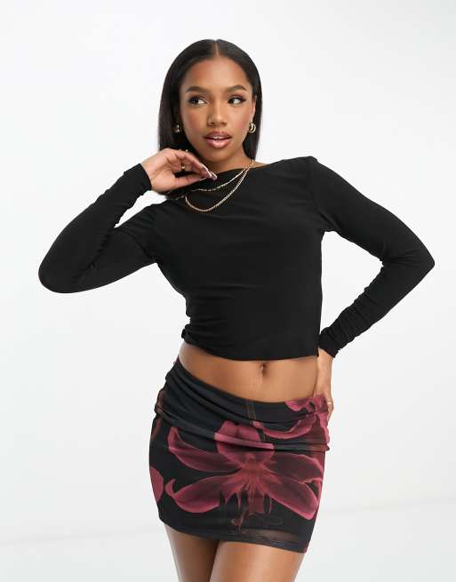 ASOS DESIGN slash neck mesh top with bra graphic in black