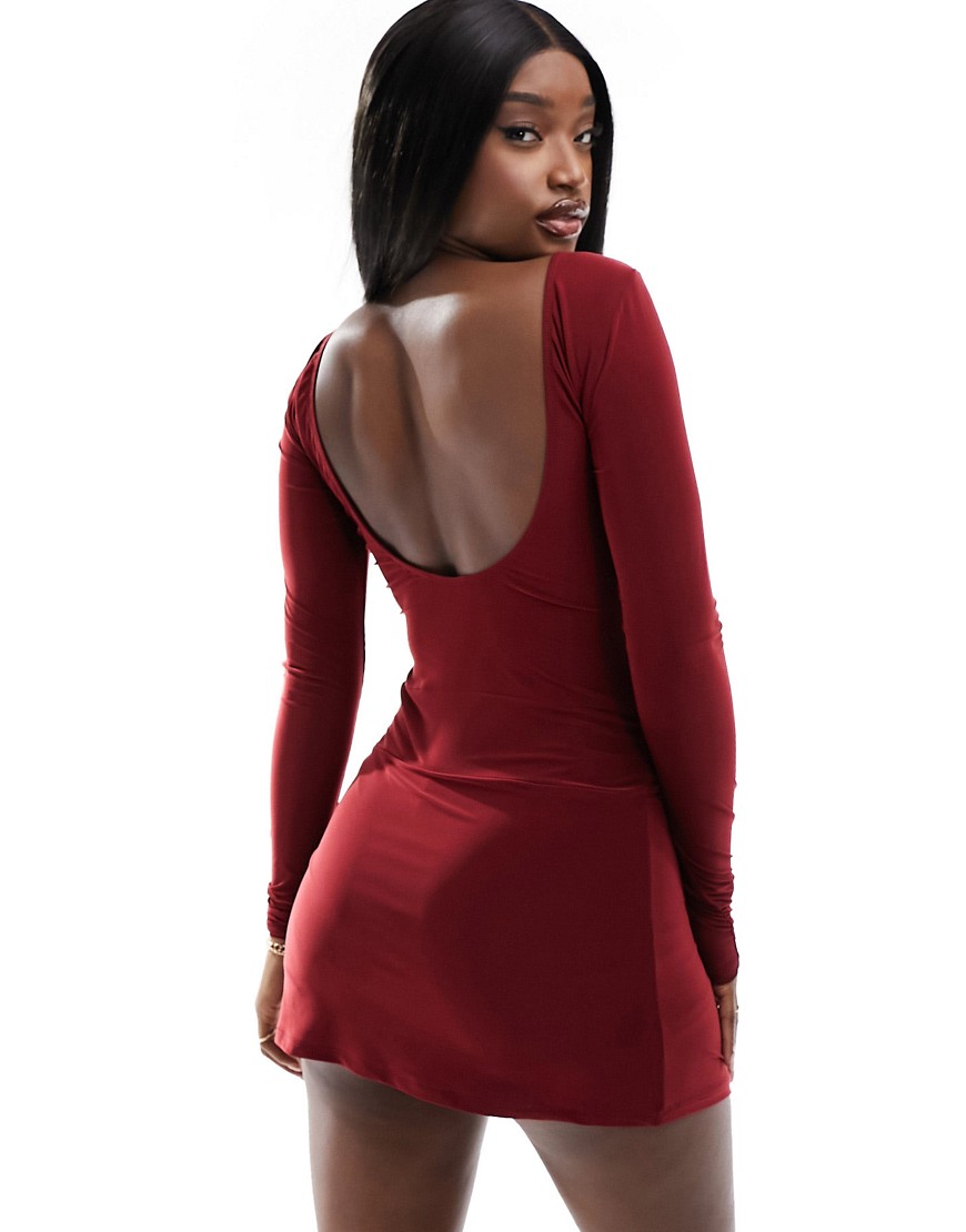 ASOS DESIGN slash neck open back micro skort dress in burgundy-Red