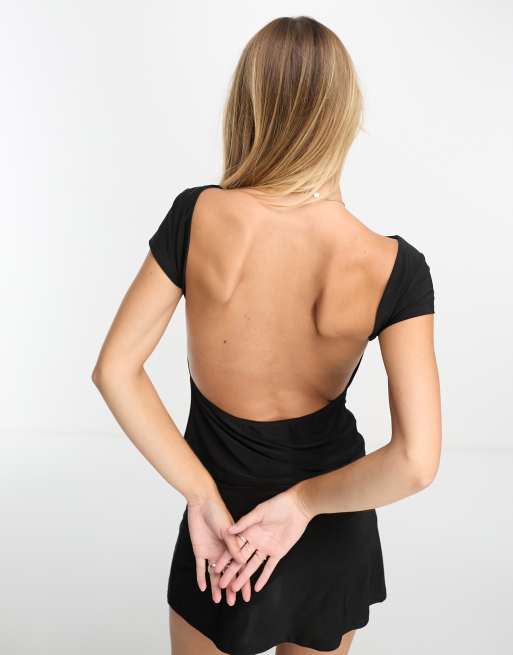 ASOS DESIGN slash neck open back top in black