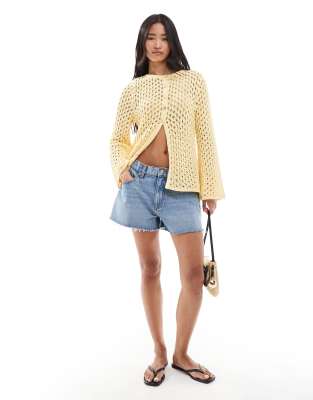 Asos Design Slash Neck Open Crochet Knit Cardigan In Yellow
