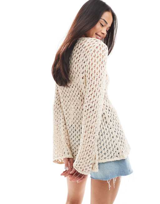 ASOS DESIGN slash neck open crochet knit cardigan in ivory