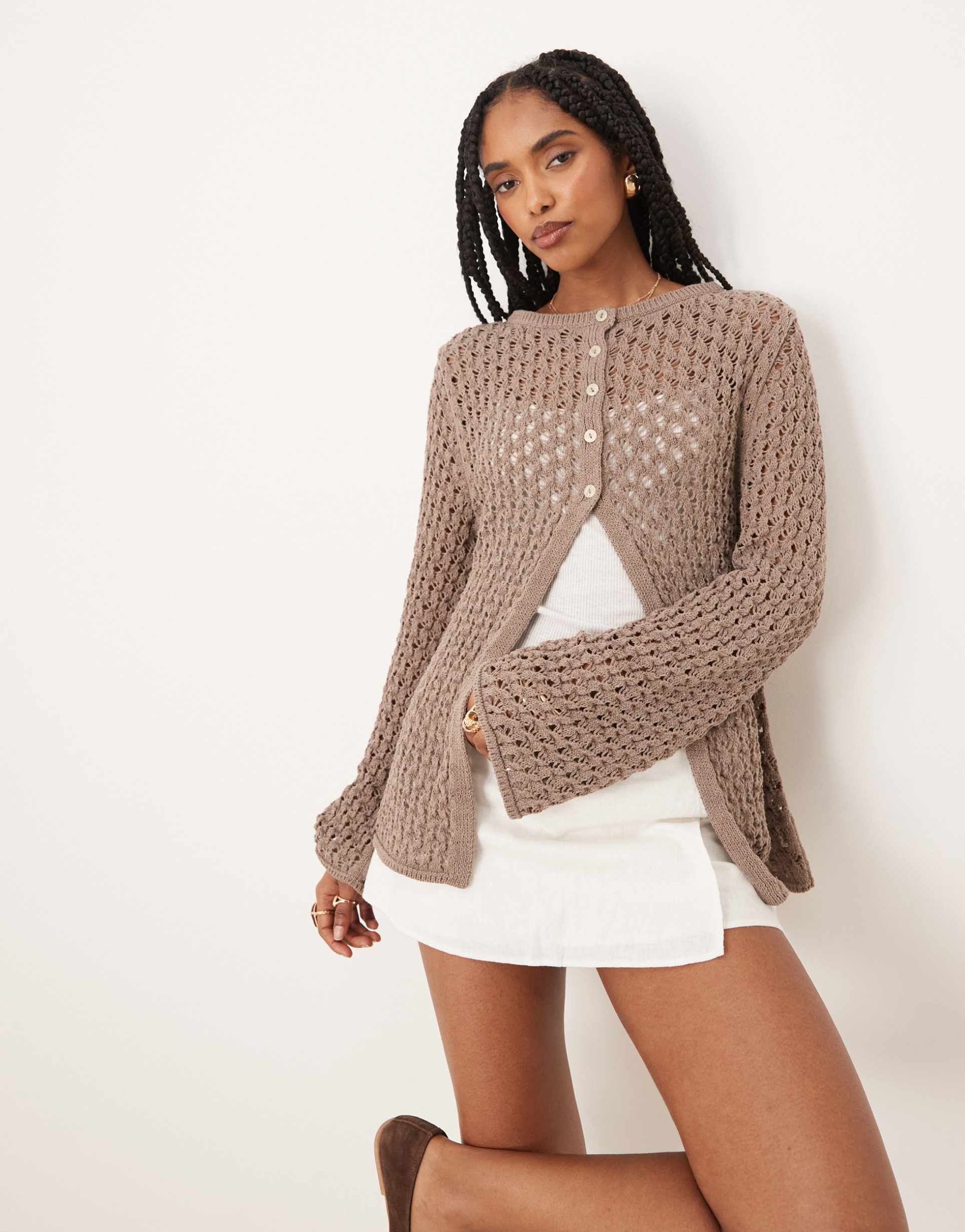 asos design slash neck open crochet knit cardigan in mocha