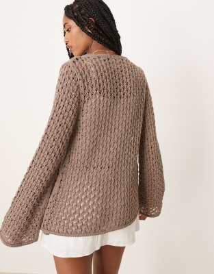 ASOS DESIGN slash neck open crochet knit cardigan in mocha