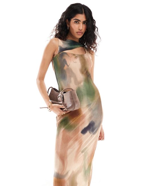 FhyzicsShops DESIGN slash neck plisse midi dress with twist in swirl print
