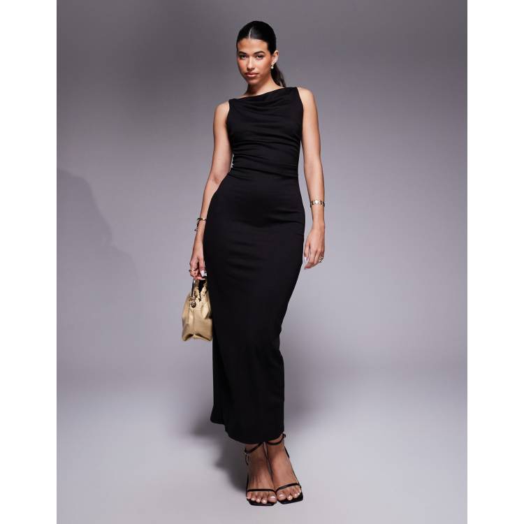 knee length dresses for ladies Side Ruched Navy Midi Dress – The Mimi Boutique