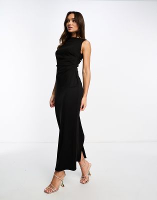 ASOS DESIGN slash neck ponte midi dress with ruched side detail in black