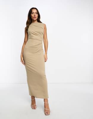 Asos Design Slash Neck Ponte Midi Dress With Ruched Side Detail In Camel-brown