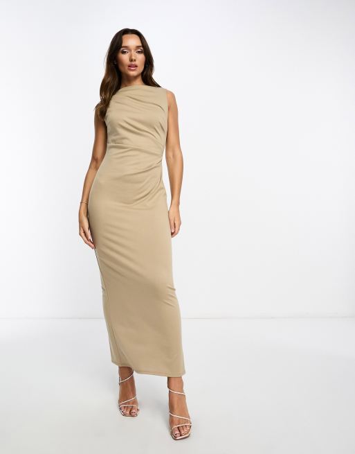 ASOS DESIGN slash neck ponte midi dress with ruched side detail in camel