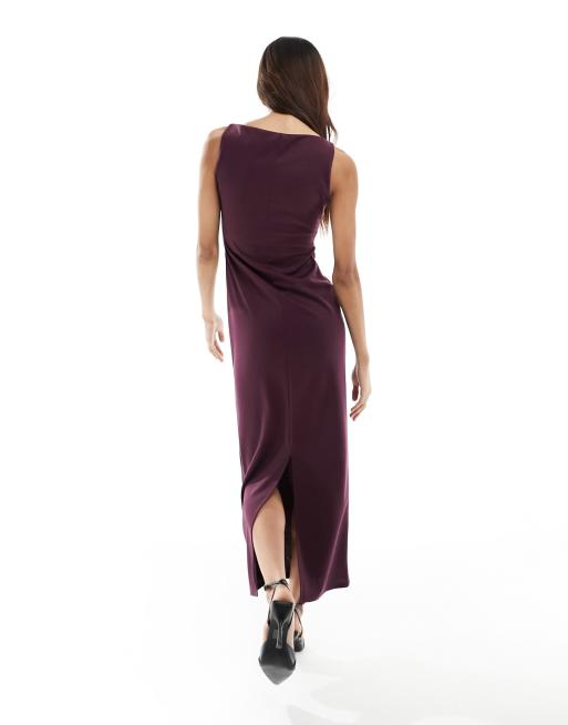 ASOS DESIGN slash neck ponte midi dress with ruched side detail in plum