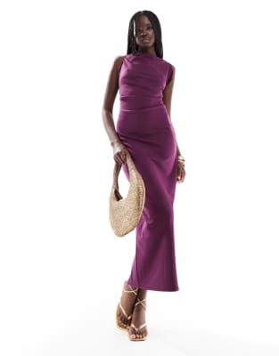 Asos Design Slash Neck Ponte Midi Dress With Ruched Side Detail