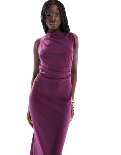 ASOS DESIGN slash neck ponte midi dress with ruched side detail in plum