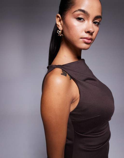 ASOS DESIGN slash neck ponte mini dress with ruched detail in chocolate, 3 of 4