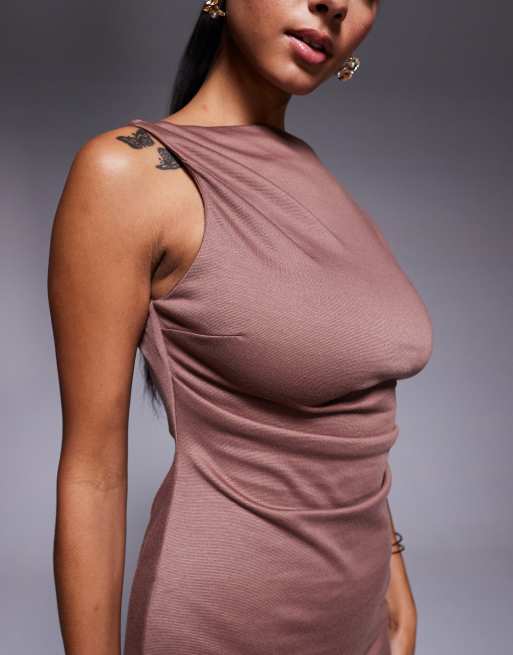 ASOS DESIGN slash neck ponte mini dress with ruched detail in mocha, 3 of 4