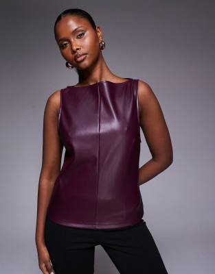 Asos Design Slash Neck Pu Top With Seam Detailing In Purple