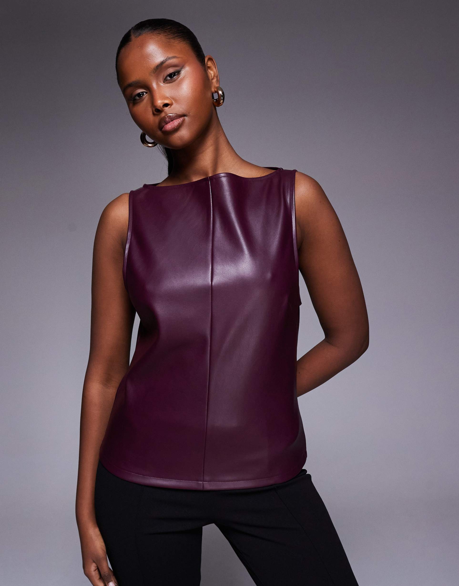 asos design slash neck pu top with seam detailing in fig