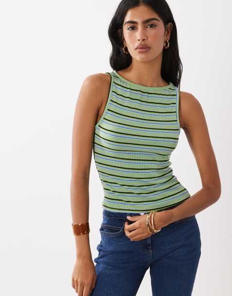 ASOS DESIGN slash neck racer tank in blue and green stripe