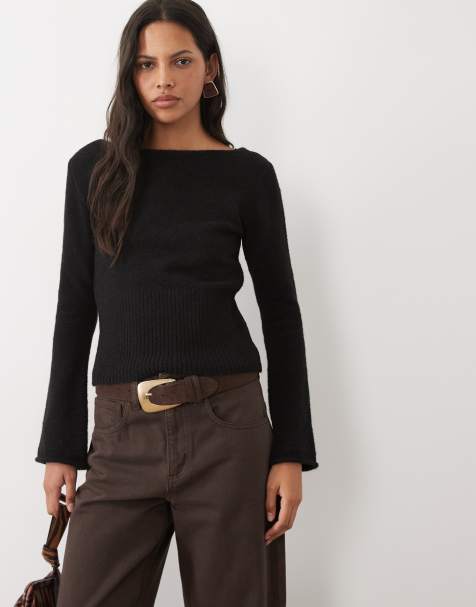 ASOS DESIGN slash neck rib knit waisted sweater in black - view 1