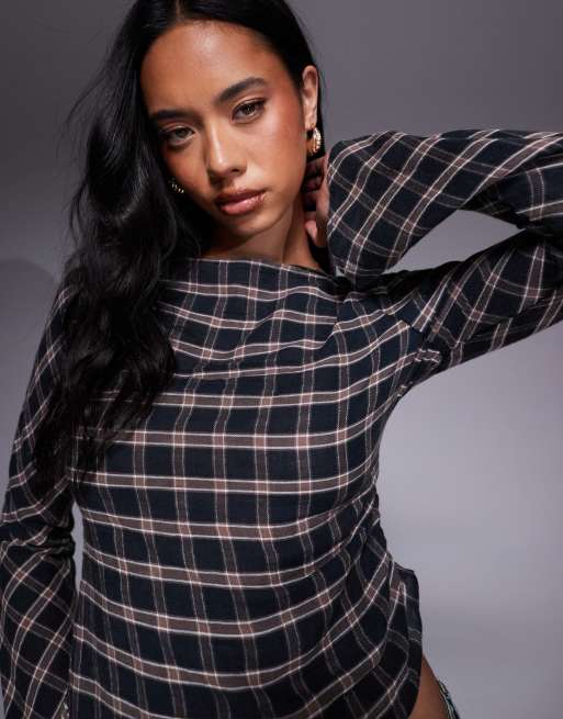 ASOS DESIGN slash neck ruched detail long sleeve top in plaid