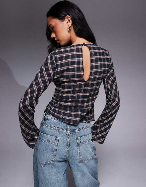 ASOS DESIGN slash neck ruched detail long sleeve top in plaid