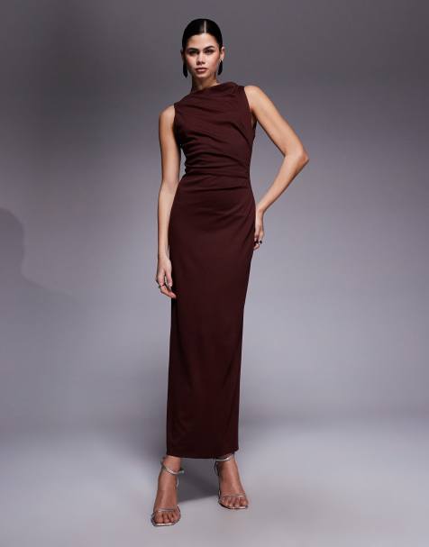 ASOS DESIGN slash neck ruched midi dress in chocolate - view 1