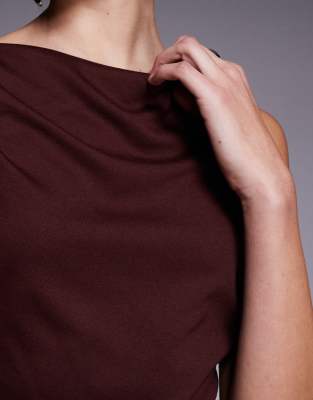 Asos Design Slash Neck Ruched Midi Dress In Brown