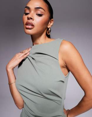 Asos Design Slash Neck Ruched Midi Dress In Gray