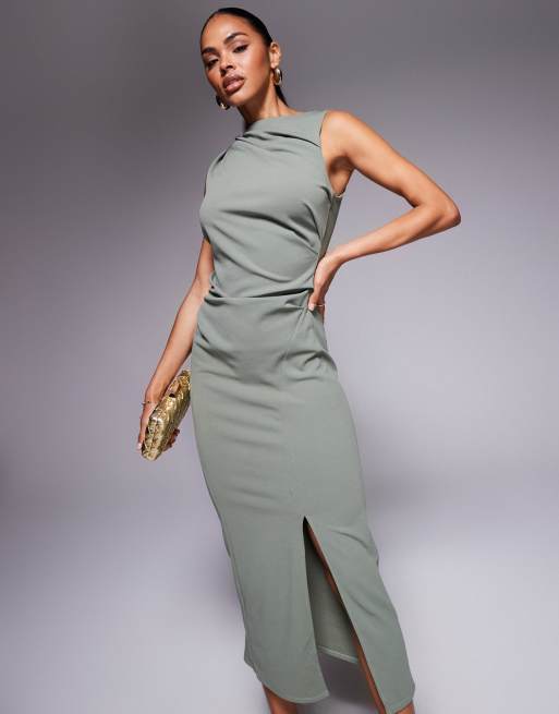 ASOS DESIGN slash neck ruched midi dress in khaki green