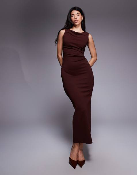 ASOS DESIGN slash neck ruched midi dress in wine