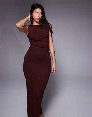 Asos Design Slash Neck Ruched Midi Dress In Brown