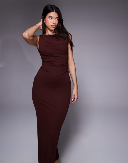 ASOS DESIGN slash neck ruched midi dress in wine