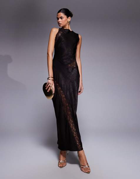 ASOS DESIGN slash neck satin bias lace detail maxi dress in chocolate - view 1