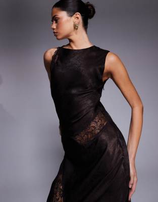 Asos Design Slash Neck Satin Bias Lace Detail Maxi Dress In Black