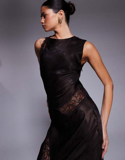 ASOS DESIGN slash neck satin bias lace detail maxi dress in chocolate