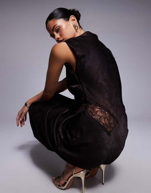 ASOS DESIGN slash neck satin bias lace detail maxi dress in chocolate