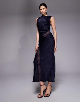 Asos Design Slash Neck Satin Bias Lace Detail Maxi Dress In Blue
