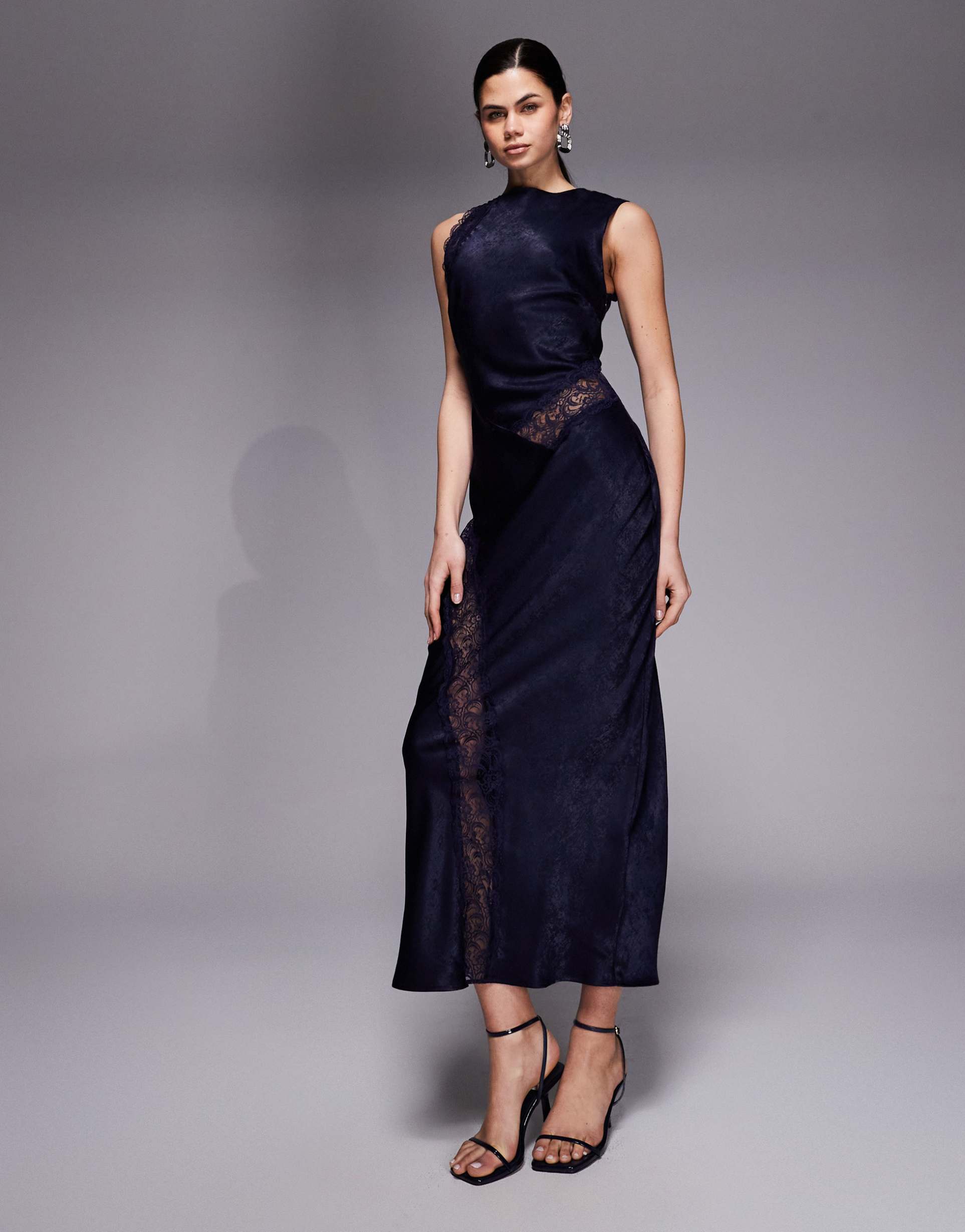 asos design slash neck satin bias lace detail maxi dress in navy