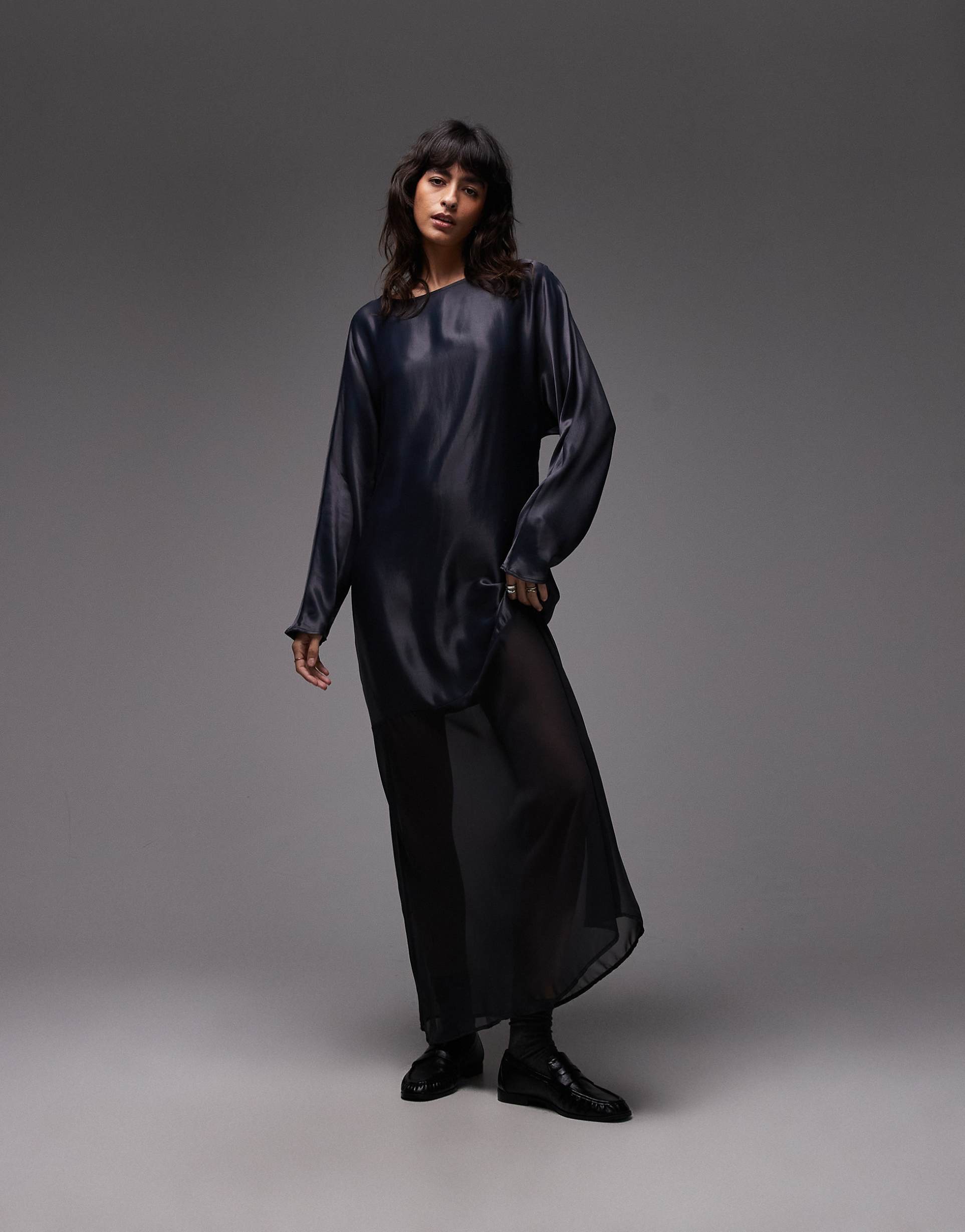 asos design slash neck satin maxi dress with batwing and lace skirt in navy