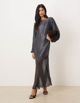 Asos Design Slash Neck Satin Maxi Dress With Batwing Sleeves And Chiffon Skirt In Blue