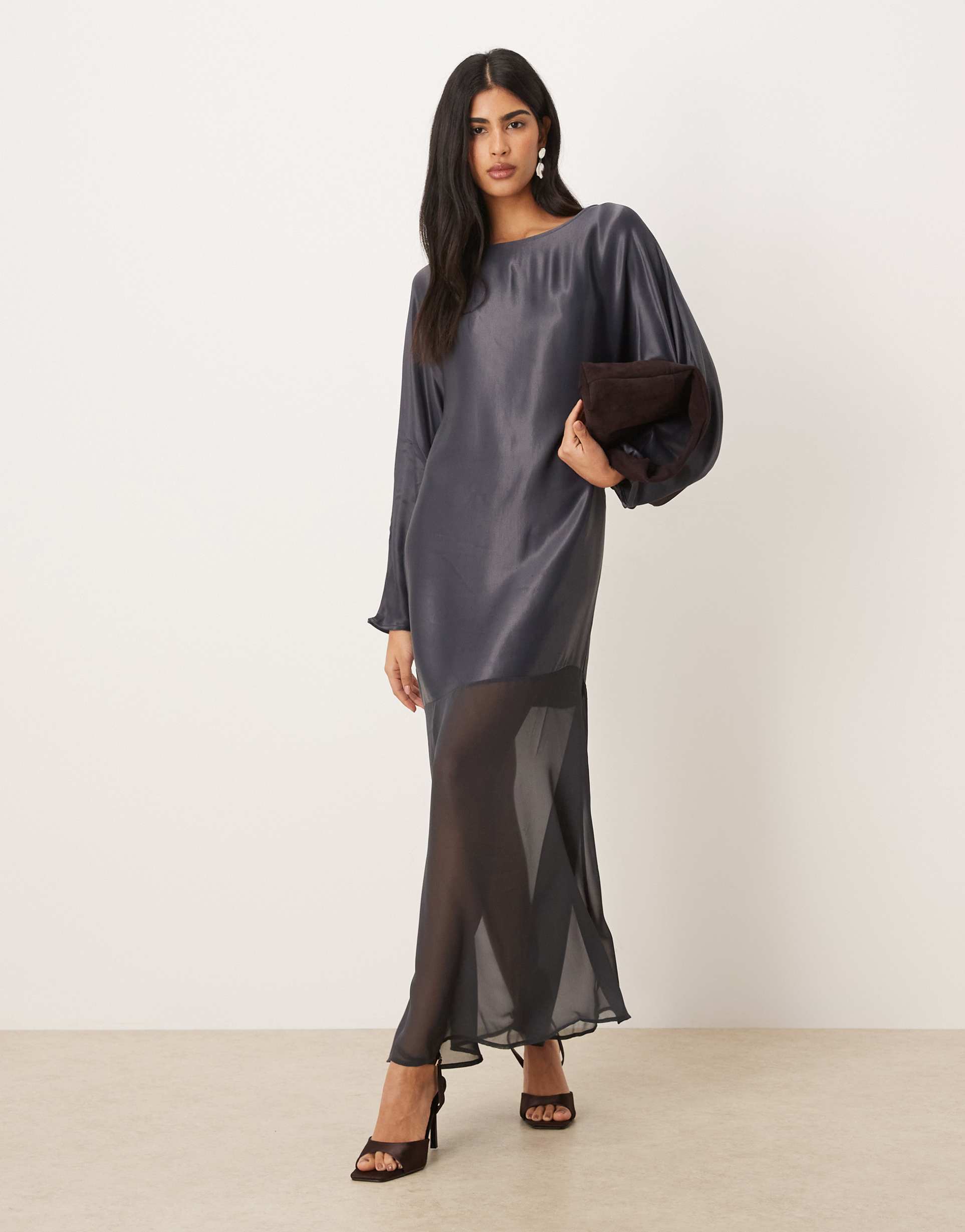 asos design slash neck satin maxi dress with batwing sleeves and chiffon skirt in gray
