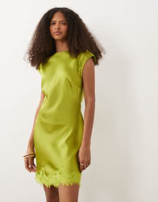 ASOS DESIGN slash neck satin mini dress with lace hem in green
