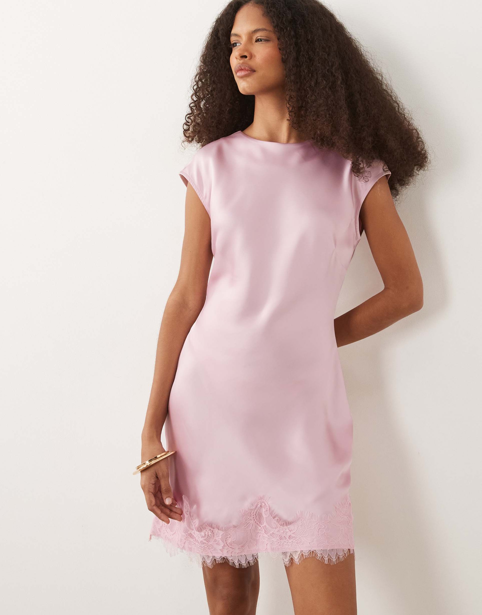 asos design slash neck satin mini dress with lace hem in pink