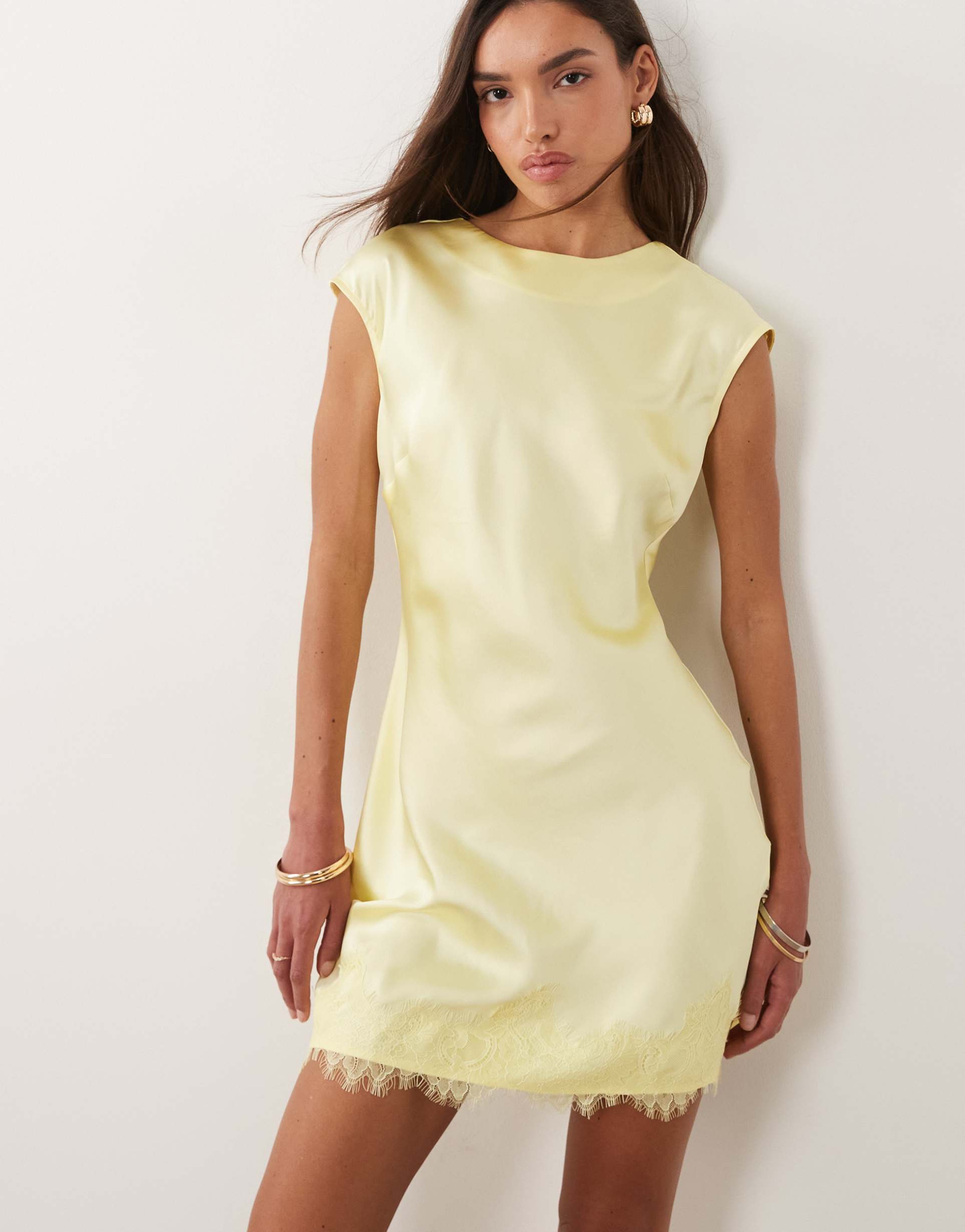 asos design slash neck satin mini dress with lace hem in soft yellow