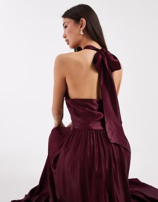 Asos Design Slash Neck Seam Detailing Satin Maxi Dress In Purple